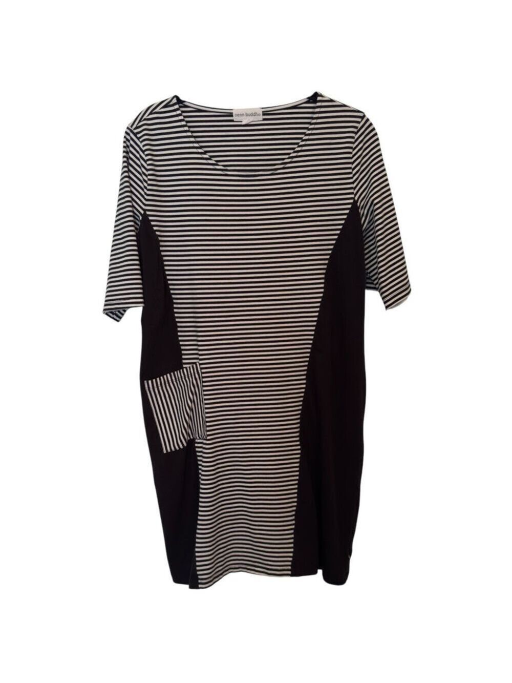 Neon Buddha Good Vibes Dress Size L Black White Striped Knee Length 100% Cotton